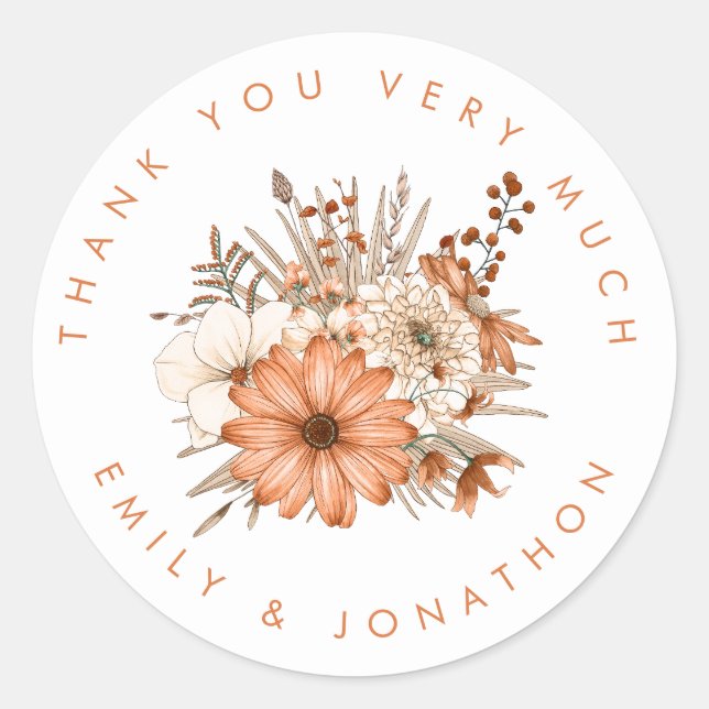 Autumn Florals Newlyweds Names Thank You Wedding Classic Round Sticker (Front)
