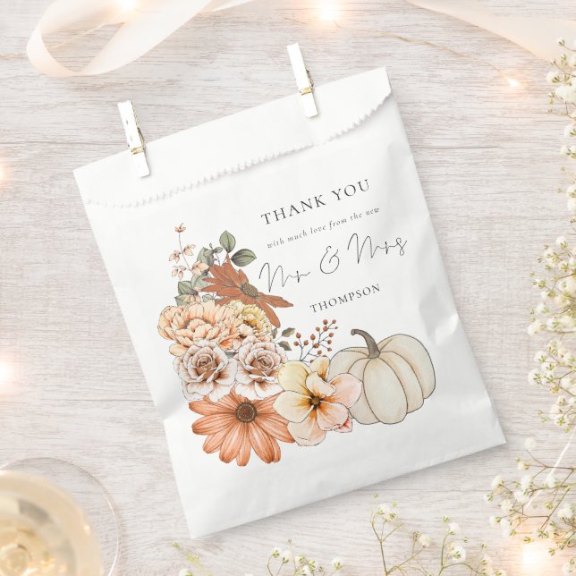 Autumn Florals Pumpkin New Mr Mrs Thank You  Favour Bag (Clipped)