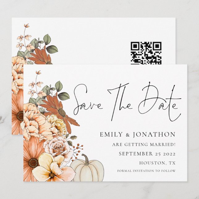 Autumn Florals Pumpkin QR Code Wedding  Save The Date (Front/Back)