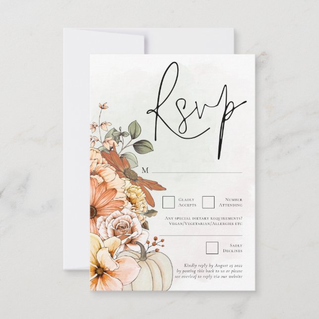 Autumn Florals Pumpkin Watercolor QR Code RSVP Card (Front)