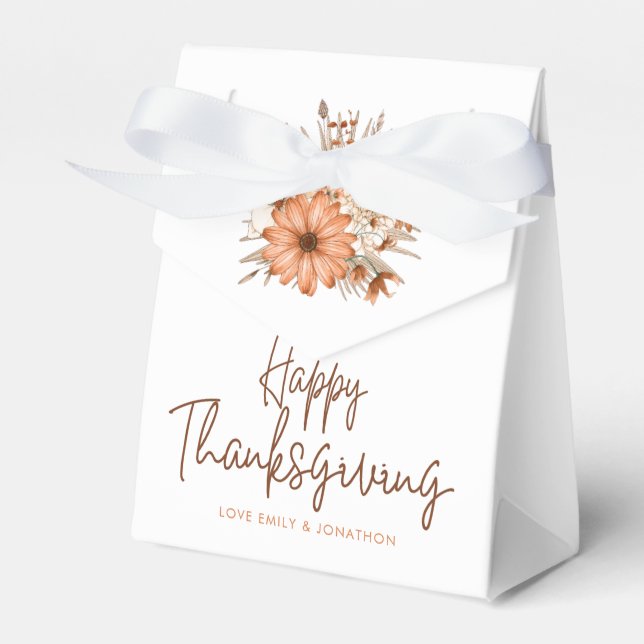 Autumn Florals Script Names Happy Thanksgiving Favor Box (Front Side)