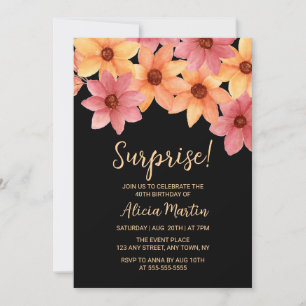 Autumn Flower Any Age Surprise Black Birthday  Invitation