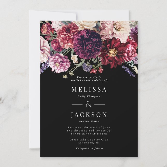 Autumn Flower Dahlia Wedding Invitation Black (Front)