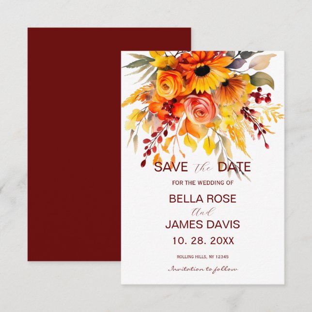 Autumn Flower Foliage Wedding Save The Date (Front/Back)