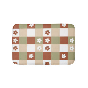 Autumn Flower Gingham Check Pattern Bath Mat