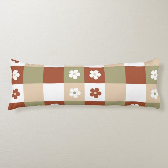 Autumn Flower Gingham Check Pattern Body Pillow (Front)