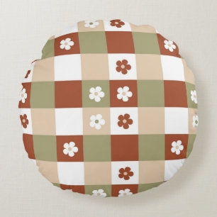 Autumn Flower Gingham Check Pattern Round Pillow