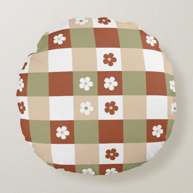 Autumn Flower Gingham Check Pattern Round Pillow (Front)
