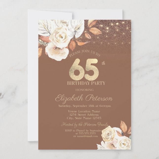 Autumn Flower Glitter Terracotta 65th Birthday Invitation (Front)