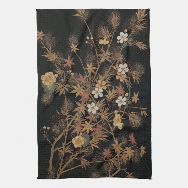 Autumn Flower & Tree 1884 Japanese Ornamental Art Kitchen Towel (Vertical)
