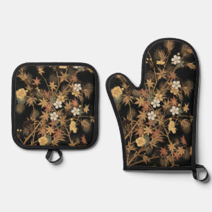 Autumn Flower & Tree 1884 Japanese Ornamental Art Oven Mitt & Pot Holder Set