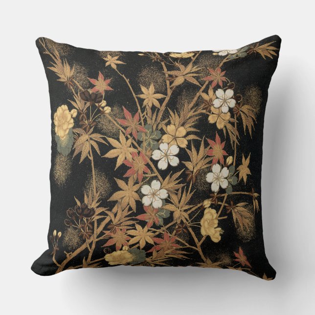 Autumn Flower & Tree 1884 Japanese Ornamental Art Throw Pillow (Front)