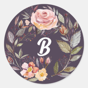Autumn Flower Wreath Plum Monogram  Classic Round Sticker