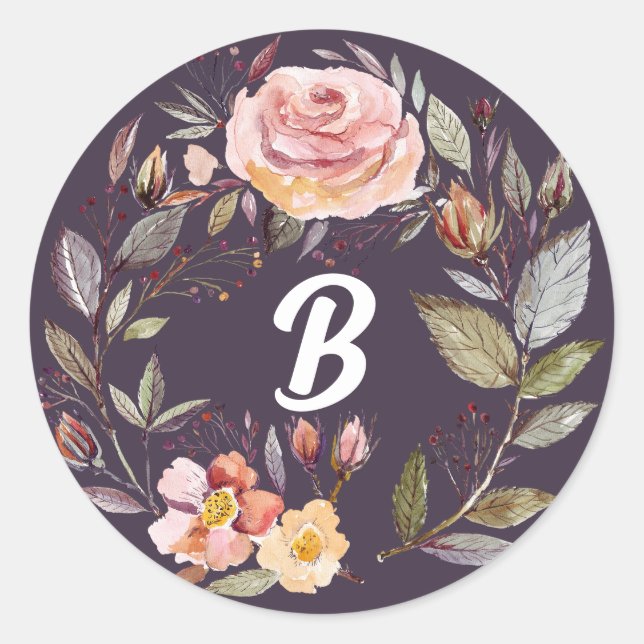 Autumn Flower Wreath Plum Monogram  Classic Round Sticker (Front)