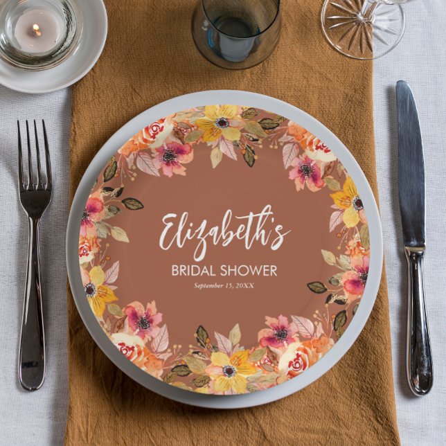 Autumn Flowers Bridal Shower Terracotta Paper Plate (Autumn Flowers Bridal Shower Terracotta Paper Plates)