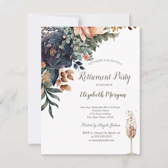 Autumn Flowers,Champagne Glass Retirement Invitation (Front)