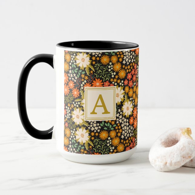 Autumn Flowers Fall Colours Monogram Mug (With Donut)