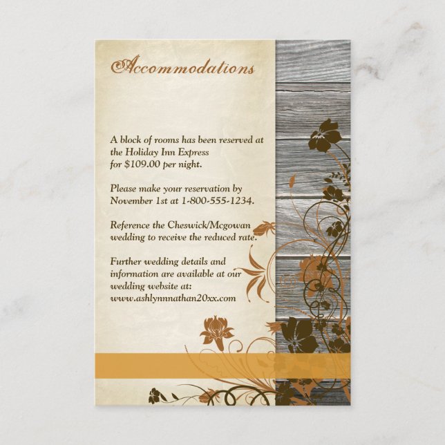 Autumn Flowers, FAUX Wood Wedding Enclosure Card (Front)