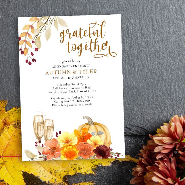 Autumn Flowers Grateful Together Engagement Party Invitation (Fall Engagement Party Invite from my Engagement Party Invitations Collection)