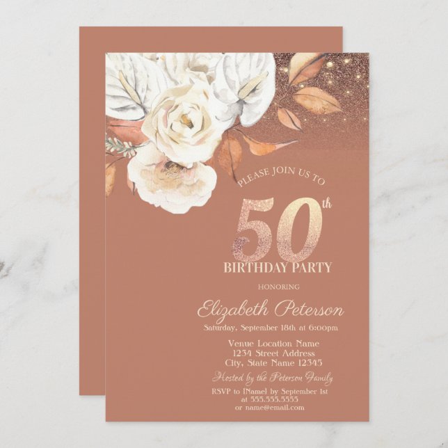 Autumn Flowers Lights Glitter 50th Birthday Invitation (Front/Back)
