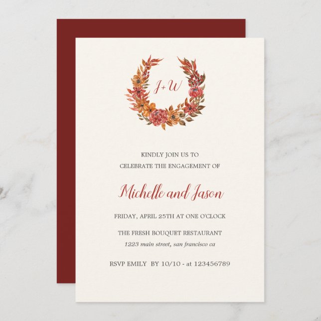 Autumn Flowers Monogram Elegant Engagement Party  Invitation (Front/Back)
