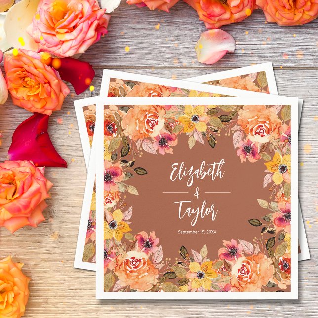 Autumn Flowers on Terracotta Wedding Shower Napkin (Autumn flowers on terracotta napkins for a wedding shower, engagement party, wedding recption.)