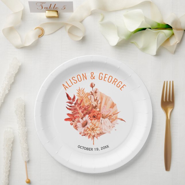 Autumn flowers, palm leaf orange fall wedding paper plate (Wedding)