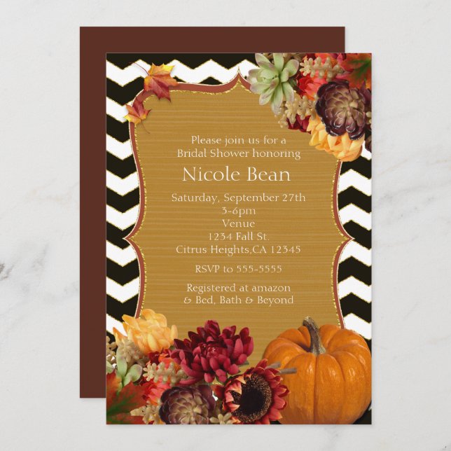Autumn Flowers & Pumpkin Black Gold Invitations (Front/Back)