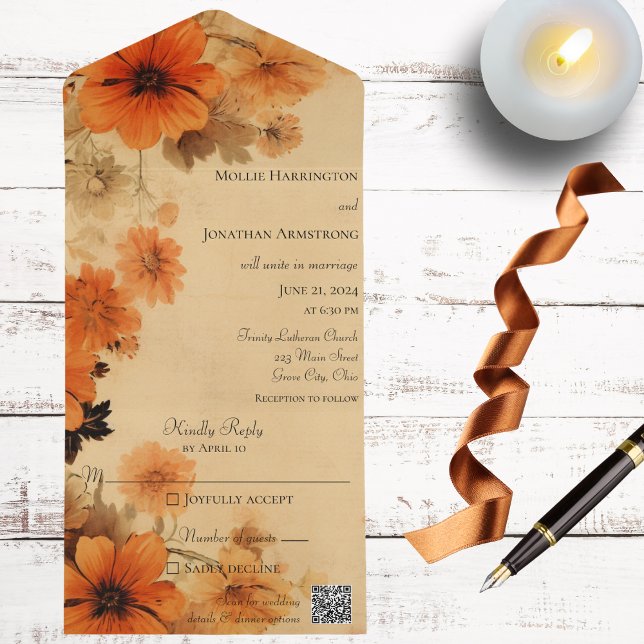 Autumn Flowers QR Code All In One Invitation (Also available without QR code. )