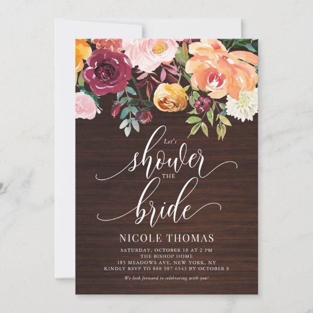 Autumn Flowers Rustic Wood Fall Bridal Shower Invitation (Front)
