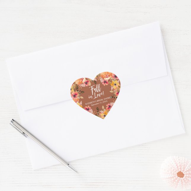 Autumn Flowers Terracotta Bridal Shower Heart Sticker (Envelope)