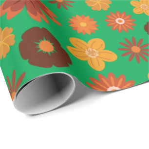 Autumn Flowers Vibrant Green Seamless Thanksgiving Wrapping Paper