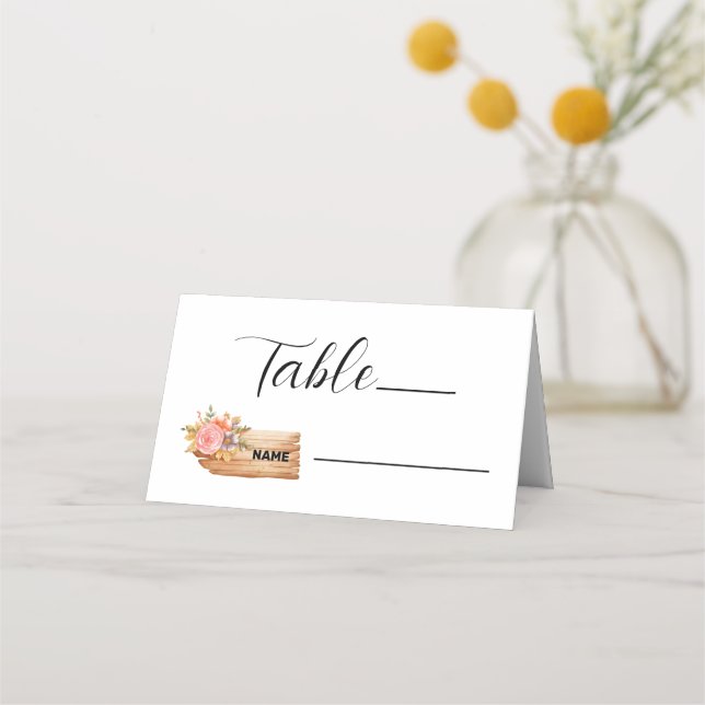 Autumn Flowers & Wood Sign Place Card (Front)