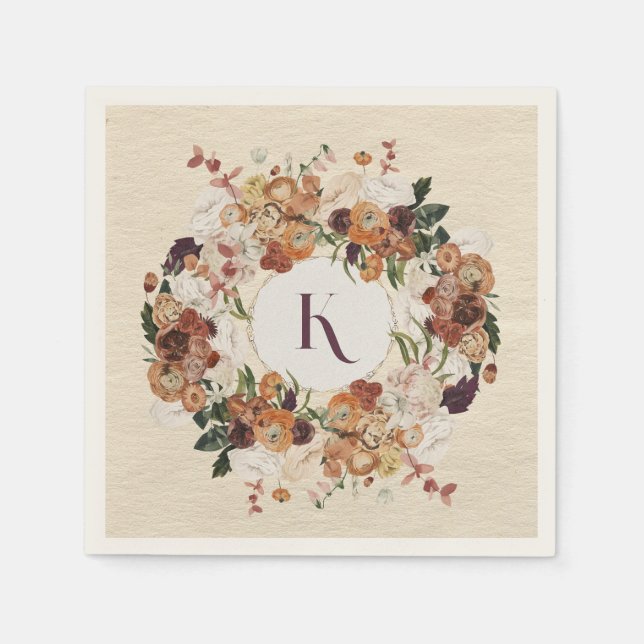Autumn Flowers Wreath Personalized Napkin (Front)