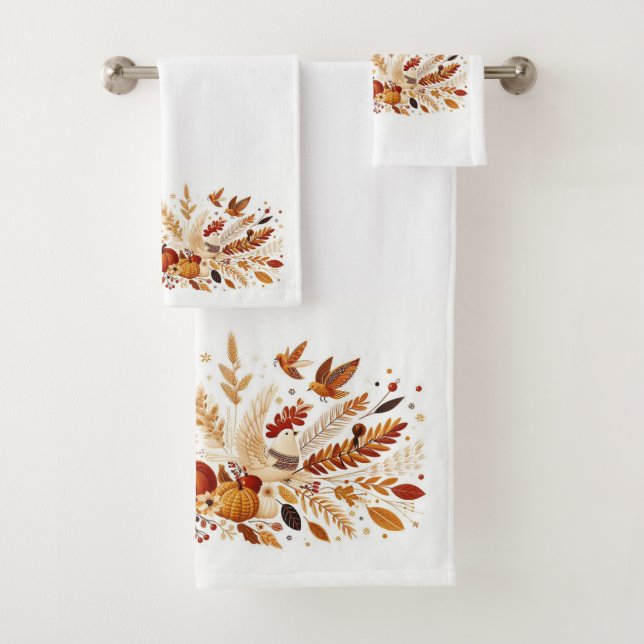Autumn Foliage and Pumpkin and Birds Bath Towel Set (Insitu)