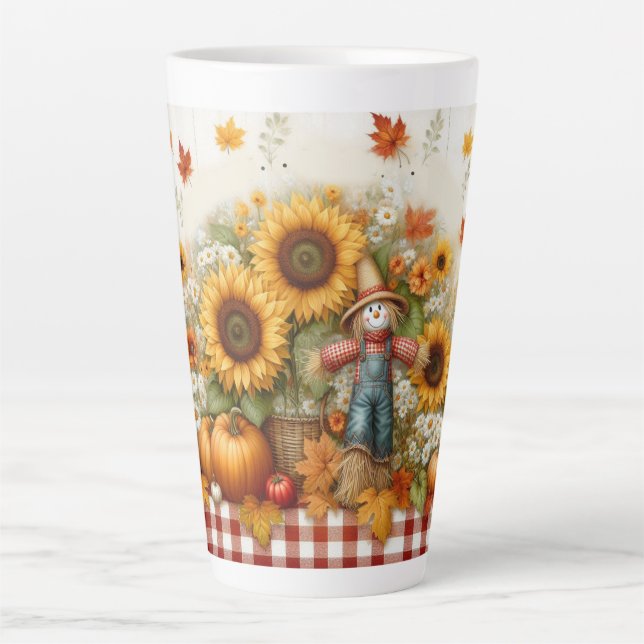 Autumn Foliage and Scarecrow with Sunflowers Latte Mug (Front)
