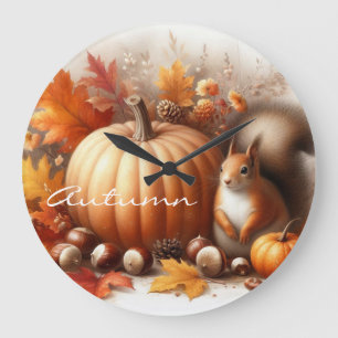 Autumn Foliage, Chestnuts,Pumpkins and a Squirrel Large Clock