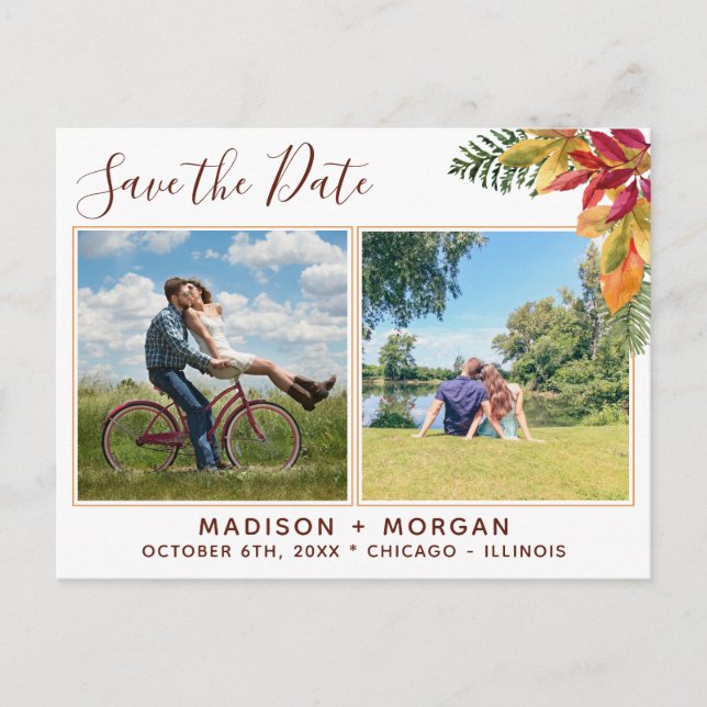 Autumn foliage Custom Photos Save the Date Announcement Postcard (Front)
