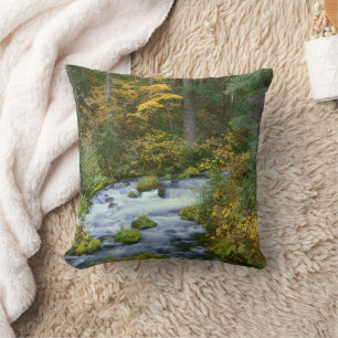 Autumn foliage & Douglas Fir Border Roaring River Throw Pillow
