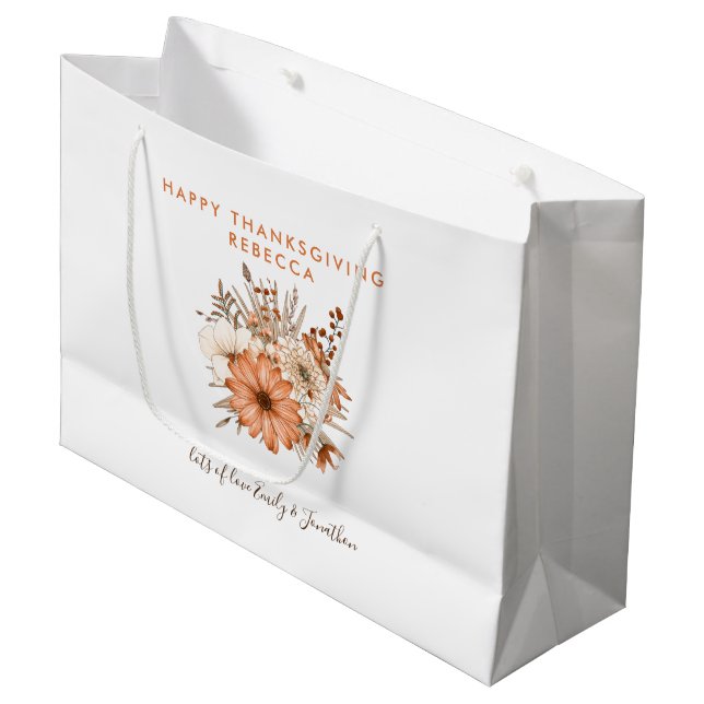 Autumn Foliage Florals Happy Thanksgiving Name Large Gift Bag (Front Angled)