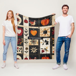 Autumn Folk Art Quilt Pattern   Rustic Botanical Fleece Blanket