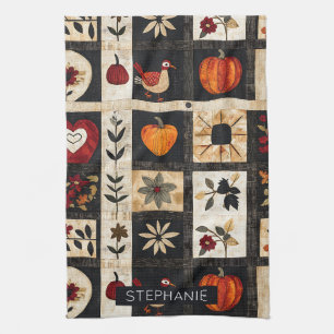 Autumn Folk Art Quilt Pattern Rustic Botanical Kitchen Towel