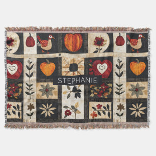 Autumn Folk Art Quilt Pattern Rustic Botanical Throw Blanket