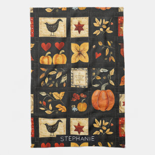 Autumn Folk Art Quilt Pattern   Rustic Patchwork Kitchen Towel