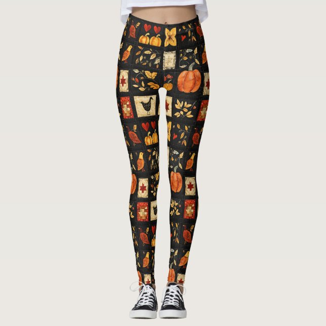 Autumn Folk Art Quilt Pattern | Rustic Patchwork Leggings (Front)