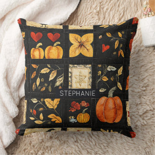 Autumn Folk Art Quilt Pattern   Rustic Patchwork Throw Pillow