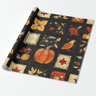 Autumn Folk Art Quilt Pattern   Rustic Patchwork Wrapping Paper