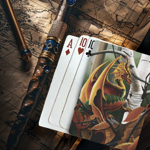 Autumn Forest Amber Dragon Birch Trees Fantasy Playing Cards