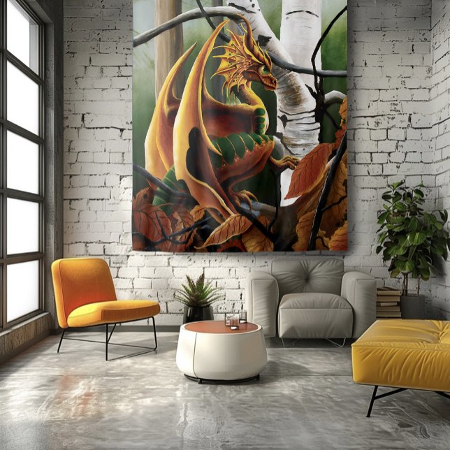 Autumn Forest Amber Dragon Birch Trees Fantasy Tapestry (Creator Uploaded)