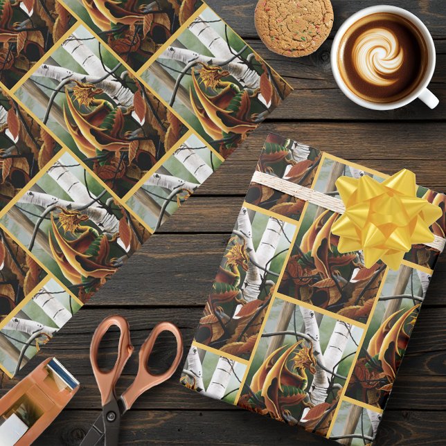 Autumn Forest Amber Dragon Birch Trees Fantasy Wrapping Paper (Creator Uploaded)
